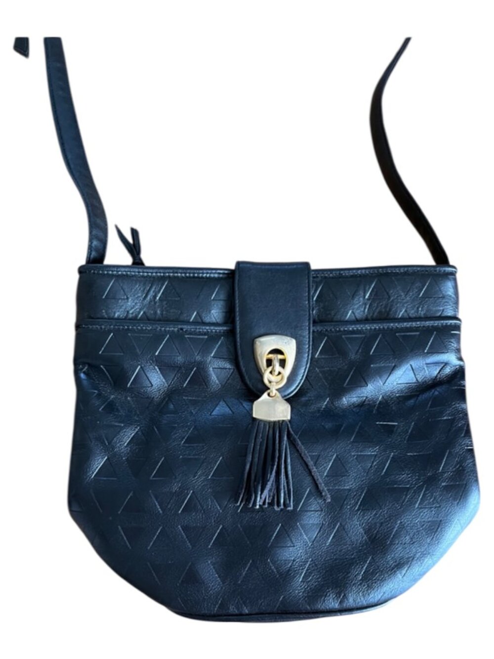 Vintage 1980s Black Leather Crossbody Bag with Gold Tone Hardware - Picture 2 of 2